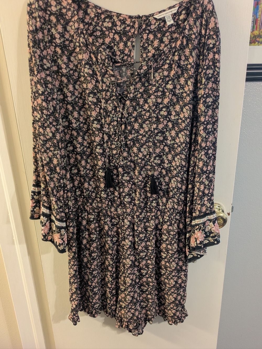 American Eagle Outfitters Black Floral Romper with Pink Accents